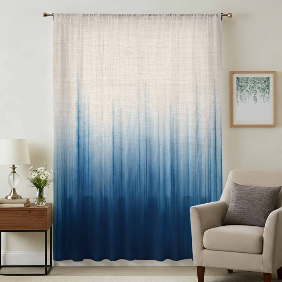 Blue Ombre Stripe Sheer Curtains 54 Inches Long, Abstract Art Modern Gradient Beige Light Filering Curtains, Breathable Simi Curtain Privacy Drapes for Kitchen Bathroom Small Window Treatment