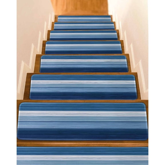 Blue Ombre Stripe Stair Treads for Wooden Steps Indoor Runner Rug Carpet, Farmhouse Striped Modern Abstract Art 4 Pieces Peel and Stick Staircase Step Treads Covers Washable Throw Door Mats, 30"x8"