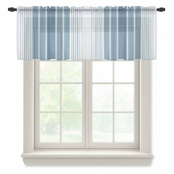 Blue Ombre Stripe Valance Curtains for Kitchen/Living Room/Bathroom/Bedroom Window, Rod Pocket Small Topper Half Short Window Curtains Voile Sheer Scarf, Farmhouse Simple Striped 42"x12"