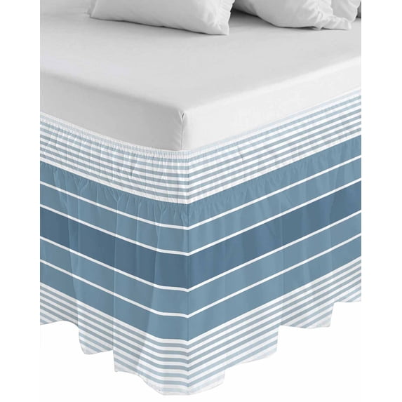 Blue Ombre Stripe Wrap Around Bed Skirts for King Bed 18" Drop, Bed Skirt with Adjustable Elastic Belt Dust Ruffle Bed Valance for Bedroom Hotel Luxury Farmhouse Striped Gradient Bed Frame Cover