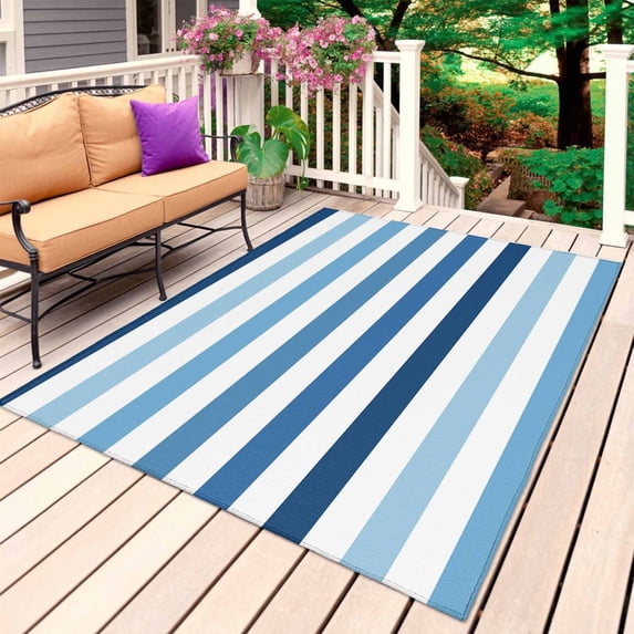 Blue Ombre Striped Outdoor Rug 4x6 Ft, Non Slip Washable Area Rug, Modern Abstract Gradient Lines Art Patio Rugs Carpet Runner, Large Floor Mat for Indoor/Outdoor Deck Porch Camping