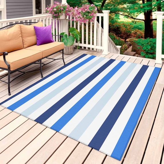 Blue Ombre Striped Outdoor Rug for Patio/Deck/Porch, Non-Slip Large Area Rug 6 x 9 Ft, Farmhouse Stripes Simple Art Indoor Outdoor Rugs Washable Area Rugs, Reversible Camping Rug Carpet Runner