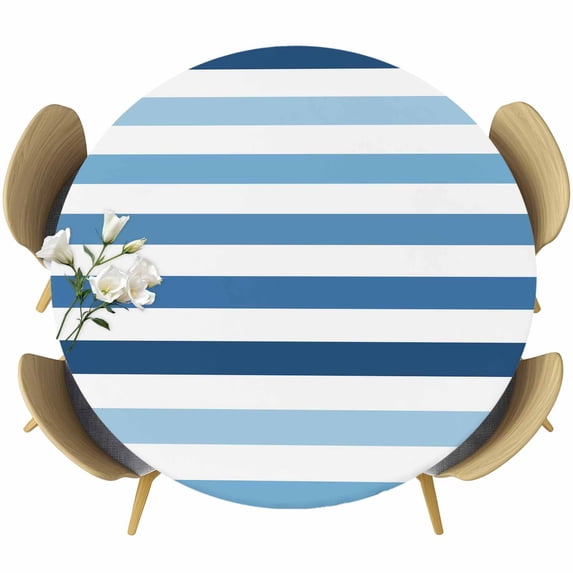 Blue Ombre Striped Round Tablecloth, Fitted Table Cover with Elastic for 55"-60" Round Tables, Modern Abstract Gradient Lines Art Table Cloth Outdoor Indoor Dinning Party Waterproof Tablecloths
