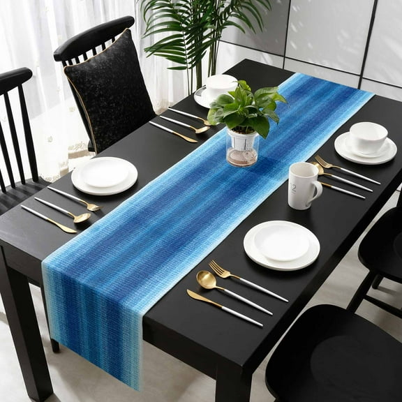 Blue Ombre Stripes Cotton Linen Small Table Runner 13 x 36 inch Modern Gradient Abstract Texture Non-slip Rectangular Dining Table Decor for Wedding Party Holiday Dinner