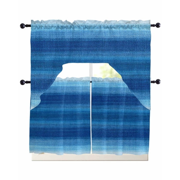 Blue Ombre Stripes Kitchen Curtain and Valance Set 3 Pieces,Rod Pocket ...