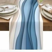 Blue Ombre Table Runner 13x36 inch Abstract Stripe Ocean Wave Geometric Modern Art Cotton Linen Dining Table Runner Ideal for Dresser Kitchen Coffee Tables - Machine Washable