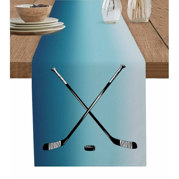 Blue Ombre Table Runner 36 Inches, Black Hockey Sticks Minimalist Style Bed Runner Dresser Scarves Tabletop for Indoor Outdoor Parties/Ceremony/Banquet, 13"x 36"