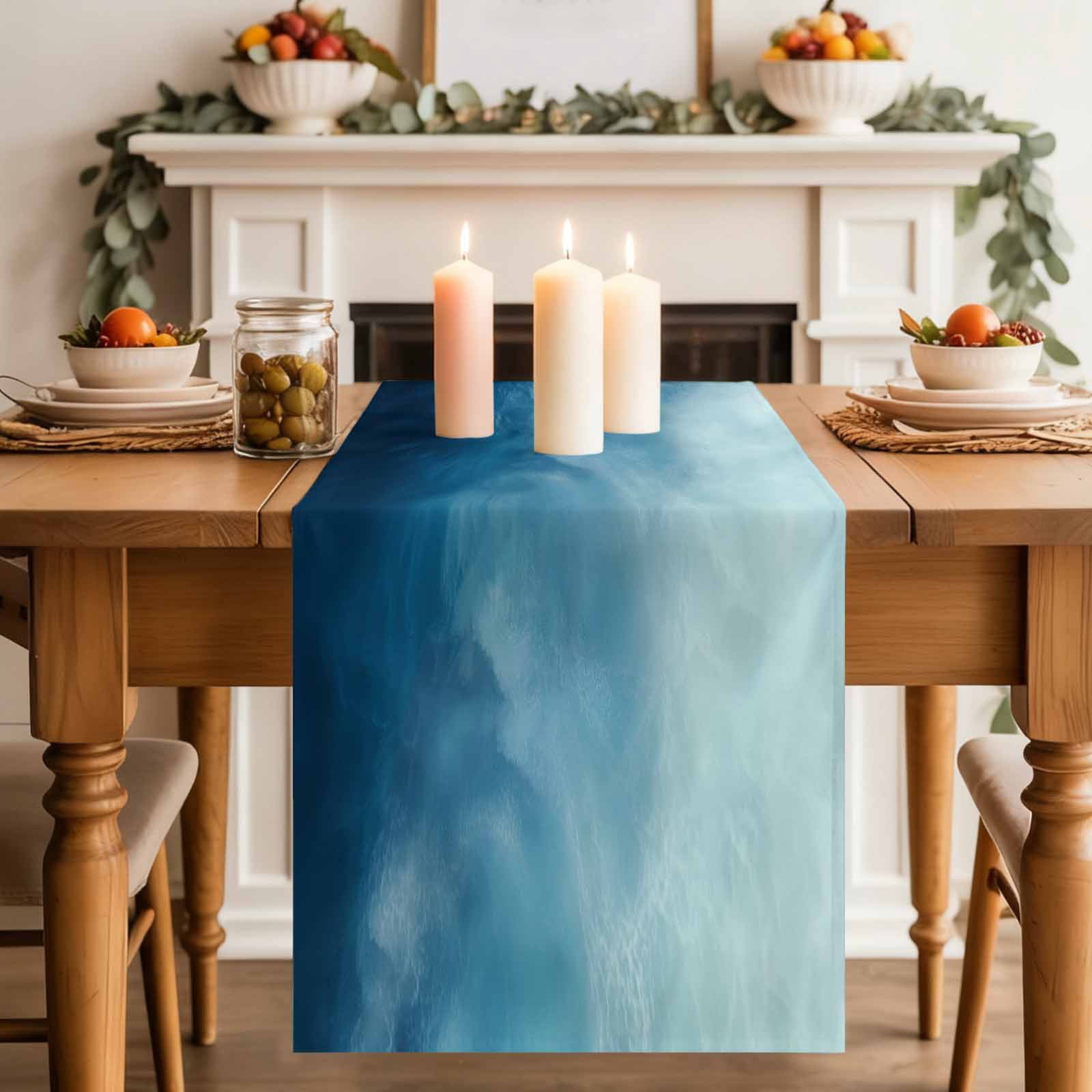 Blue Ombre Table Runner, Coastal Beach Modern Abstract Art Cotton Linen ...
