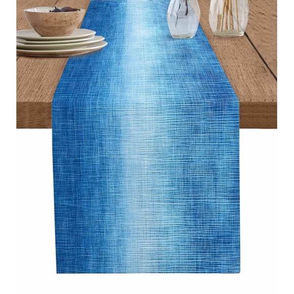 Blue Ombre Table Runner Cotton Linen 108 Inch Holiday Dresser Scarves, Vintage Chic Gradient Abstract Texture Art Tablerunner for Kitchen Coffee Dining Bedroom Dinner Scarf Décor 13''x108''