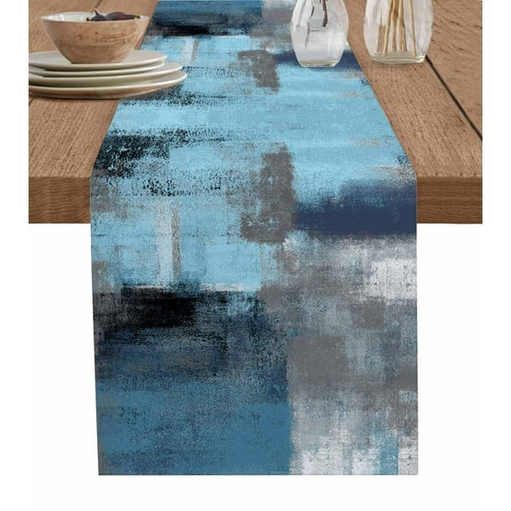 Blue Ombre Table Runner Cotton Linen 36 Inch Holiday Dresser Scarves, Vintage Shabby Chic Abstract Aesthetics Tablerunner for Kitchen Coffee Dining Bedroom Living Room Dinner Scarf Décor 13''x36''