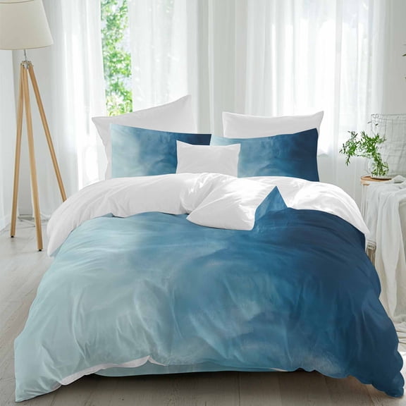 Blue Ombre Twin Size Comforter Set, Coastal Beach Modern Abstract Art Bedding for All Seasons, 4 Pcs Bed Set, 1 Quiltcover (68"x86") ,1Sheet(67"x116"), 2Pillowcases (30"x20")