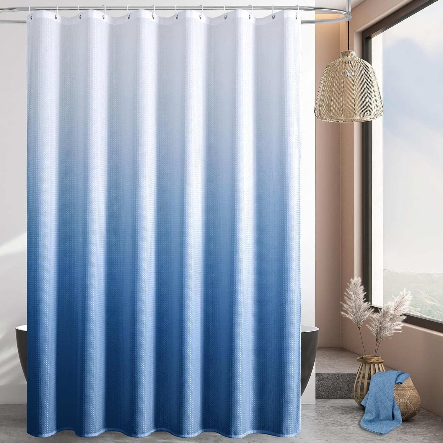 Blue Ombre Waffle Fabric Shower Curtain, Light Blue Waffle Weave ...