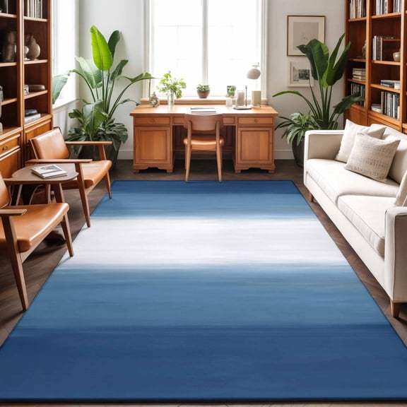 Blue Ombre Washable Area Rug 9 x 12 ft Abstract Navy Blue Ombre White Stripes Modern, Soft Non Slip Rugs Stain Repellent Indoor Felt Carpet for Living Dining Room Bedroom Home Office
