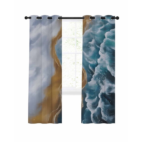 Blue Ombre Waves Blackout Curtains for Bedroom Living Room, Abstract Watercolor Ocean Seaside Beach 45 In Long Thermal Insulated Room Darkening Drapes Grommet Window Treatments, 42 x 45 In