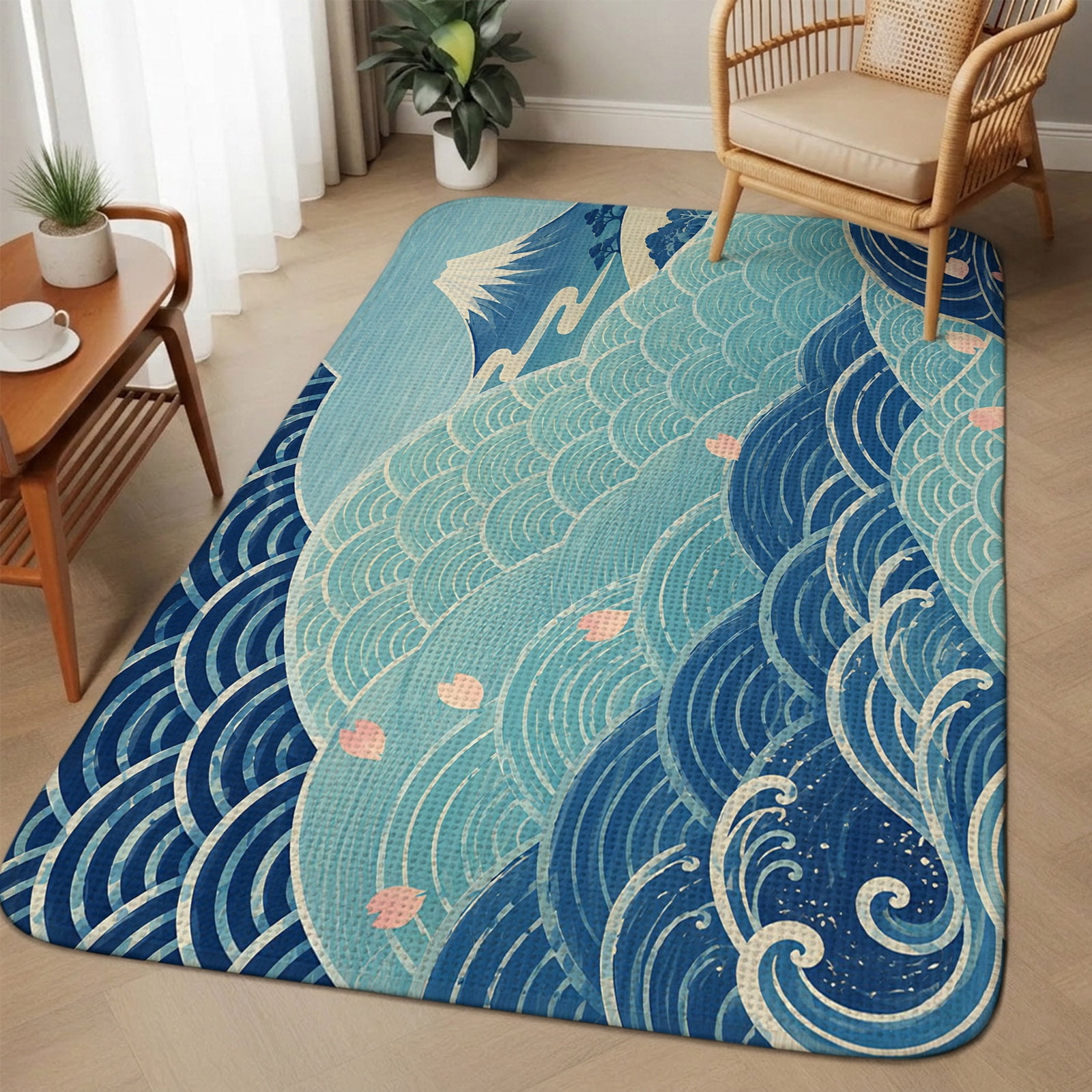Blue Ombre Waves Boho Washable Area Rugs for Living Room Bedroom, Large ...