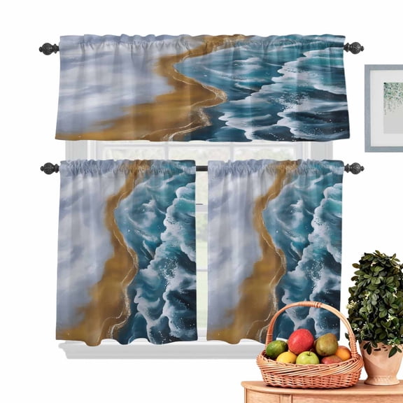 Blue Ombre Waves Kitchen Curtains Valances 3 Piece Set, Abstract Watercolor Ocean Seaside Beach Rod Pocket Tier Curtain and Valance Drapes for Small Window 36 Inch Length for Bedroom Cafe