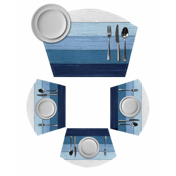 Blue Ombre Wedge Shaped Placemats Set of 4, Cotton Linen Fan Place Mats, Farmhouse Vintage Wooden Striped Washable Table Mats for Holiday Wedding Party Dinning Coffee Tables 11.8"x17.5"