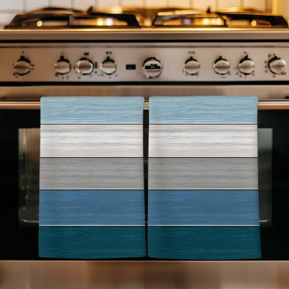 Blue Ombre Wooden Kitchen Towels Set of 1, Farmhouse Retro Wood Gradient Absorbent Dish Towels for Kitchen, Microfiber Hand Towel, Quick Drying Tea Towel for Cleaning Decorative Dishcloths