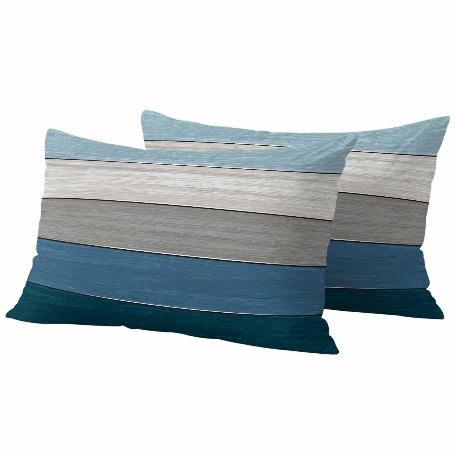Blue Ombre Wooden Outdoor Waterproof Pillow Covers, Farmhouse Retro Wood Gradient Decorative Rectangle Throw Pillowcase Sofa Cushion Sham for Patio/Couch/Chair, 20"x12" 2 Pack