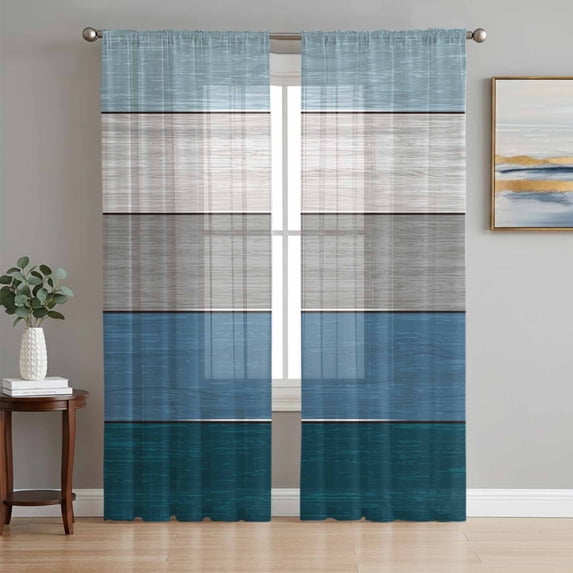 Blue Ombre Wooden Sheer Curtains 72 Inch Length 2 Panels Set, Farmhouse Retro Wood Gradient Voile Window Treatment Rod Pocket Curtains Sheers Drapes for Bedroom/Living Room/Kitchen 52"x72"x2