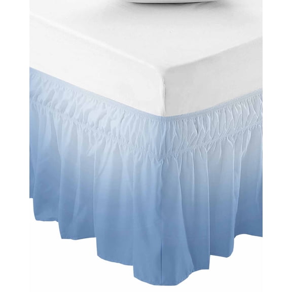 Blue Ombre Wrap Around Bed Skirts for Queen Bed 16" Drop, Bed Skirt with Adjustable Elastic Belt Dust Ruffle Bed Valance for Bedroom Hotel Luxury Modern Minimalist Gradient Aesthetic Bed Frame Cover