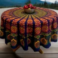 thumbnail image 1 of Blue On Multi -Colour Floral Design Edges White Lace Cotton Round table cloth 60"x60"In, 1 of 1