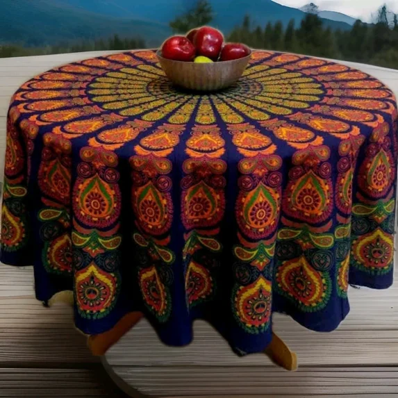 Blue On Multi -Colour Floral Design Edges White Lace Cotton Round table cloth 60"x60"In