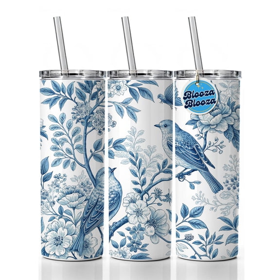 Blue On White Toile With Birds 20oz Insulated Water Bottle Skinny Tumbler Includes Straw