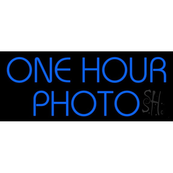 Blue One Hour Photo Block LED Neon Sign 13 x 32 - inches, Clear Edge Cut Acrylic Backing, with Dimmer - Bright and Premium built indoor LED Neon Sign for art gallery, and exhibition.