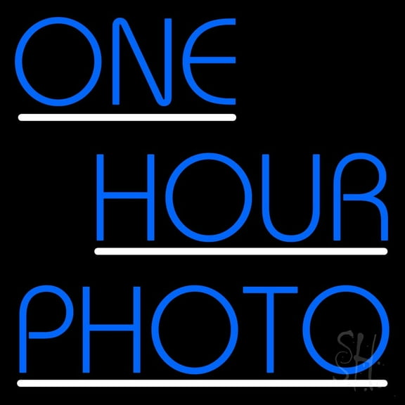 Blue One Hour Photo With Line LED Neon Sign 16 x 16 - inches, Black Square Cut Acrylic Backing, with Dimmer - Bright and Premium built indoor LED Neon Sign for art gallery, and exhibition.