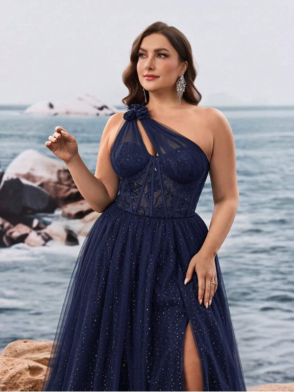 Blue One-Shoulder Evening Gown With Floral Appliqué And Sparkly Tulle