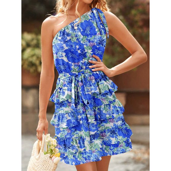 Blue One Shoulder Floral Printed Tiered A-Line Mini Sundress For Summer Beach Holiday Party