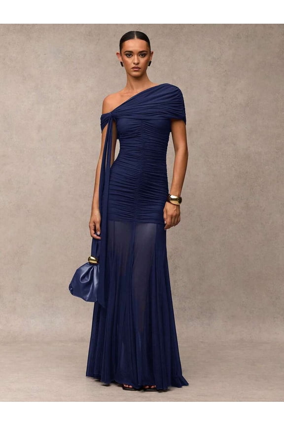 Blue One-Shoulder Ruched Maxi Evening Gown Formal Dress