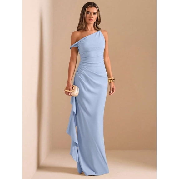Blue One Shoulder Ruched Wrap Maxi Dress With Asymmetrical Ruffle Hem And Draped Detail
