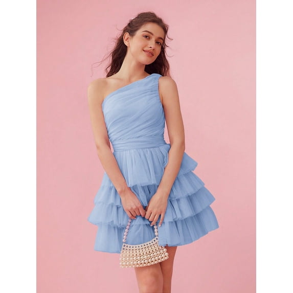 Blue One Shoulder Ruffle Waist Layered Mesh Mini Dress For Sweetheart Occasions
