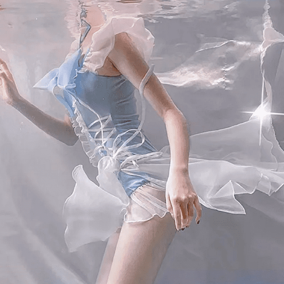 Blue One-piece Swimsuit Cute White Tulle Fairy Ladies Ocean Fantasy Swimsuit Ballet Sexy Bikini Princess Seaside Beach Vacation