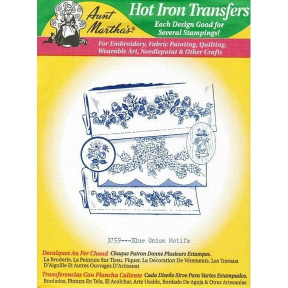 Blue Onion Motifs Aunt Martha's Hot Iron Embroidery Transfer