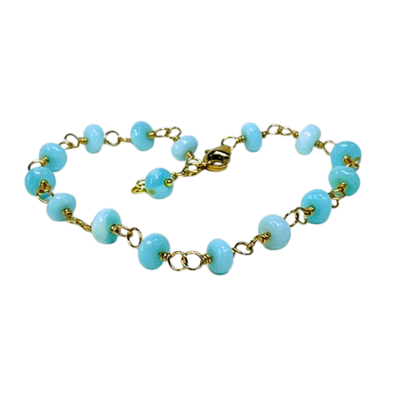 Blue Opal 4-4.5mm Rondelle Shape Smooth Cut Beads 7 inch Silver Plated Clasp Bracelet for men, women, unisex. Link Chain Stacking Bracelet.|LINK_01516
