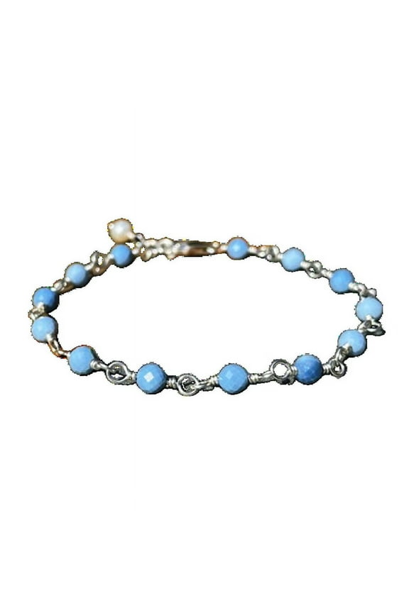 Blue Opal 4mm Round Shape Faceted Cut Beads 7 inch adjustable Silver Plated Clasp Bracelet for men, women, unisex. Link Chain Stacking Bracelet.|LINK_01523