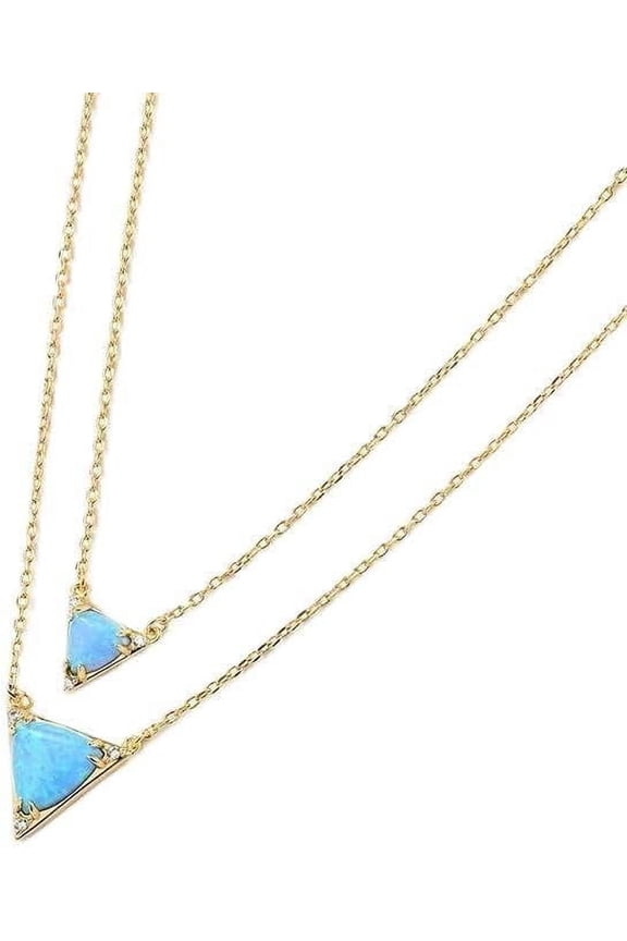 Blue Opal Double Triangle Necklace,Double Layered Opal 925 Stering Silver Statement Necklace for Women