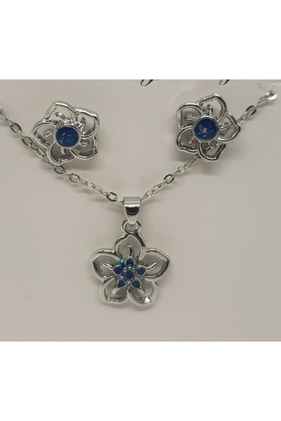 Blue Opal Flower Silver Earring/Necklace Set