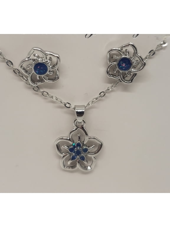Blue Opal Flower Silver Earring/Necklace Set