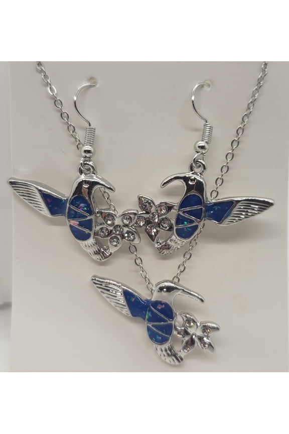 Blue Opal Hummingbird Silver Earring/Necklace Set