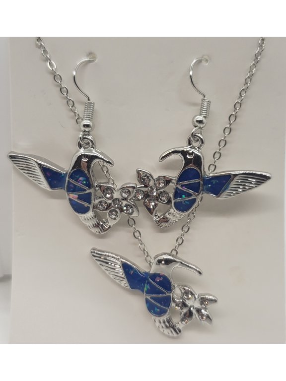 Blue Opal Hummingbird Silver Earring/Necklace Set
