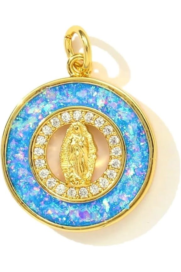 Blue Opal Mary Religion Necklace Virgen De Mary Salvation Necklace,Opal Medallion Confirmation Necklace