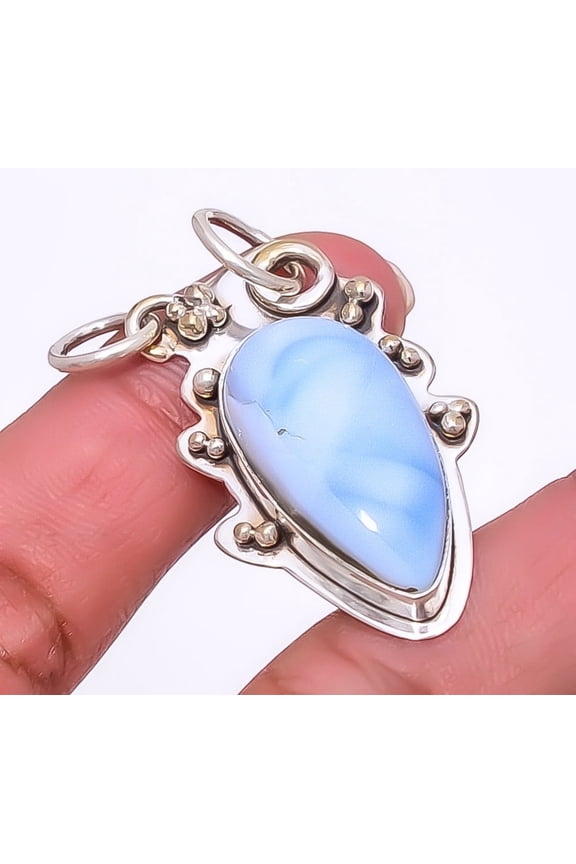 Blue Opal - Owyhee Gemstone 925 Silver Plated Handmade Bali Pendant 1.72" A343, Valentine's Day Gift, Birthday Gift, Beautiful Jewelry For Woman