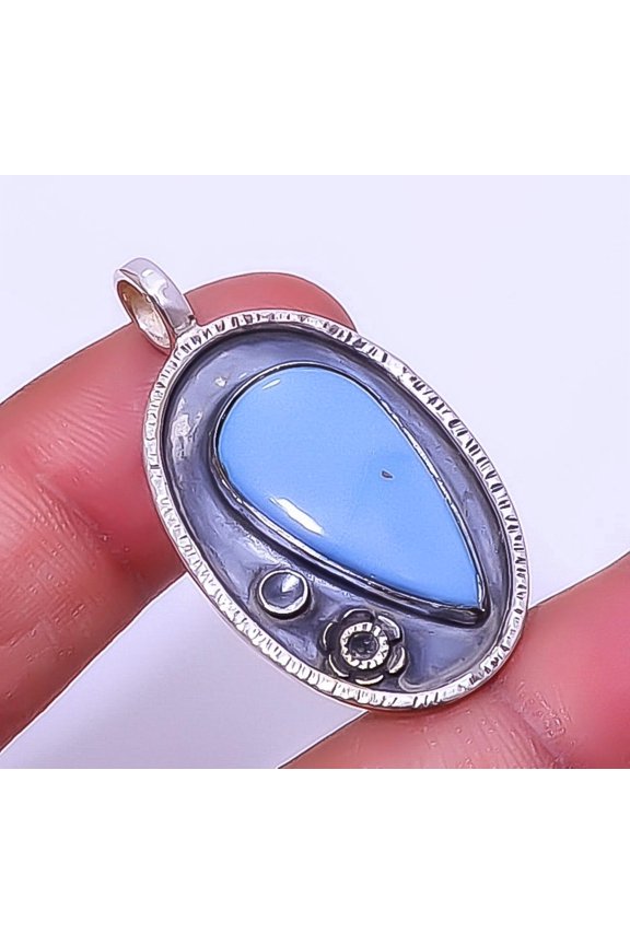 Blue Opal - Owyhee Gemstone 925 Sterling Silver Solitaire Pendant 1.56" A370, Christmas Gift, Gemstone Silver Jewelry, Opal Pendant, New Year Sale