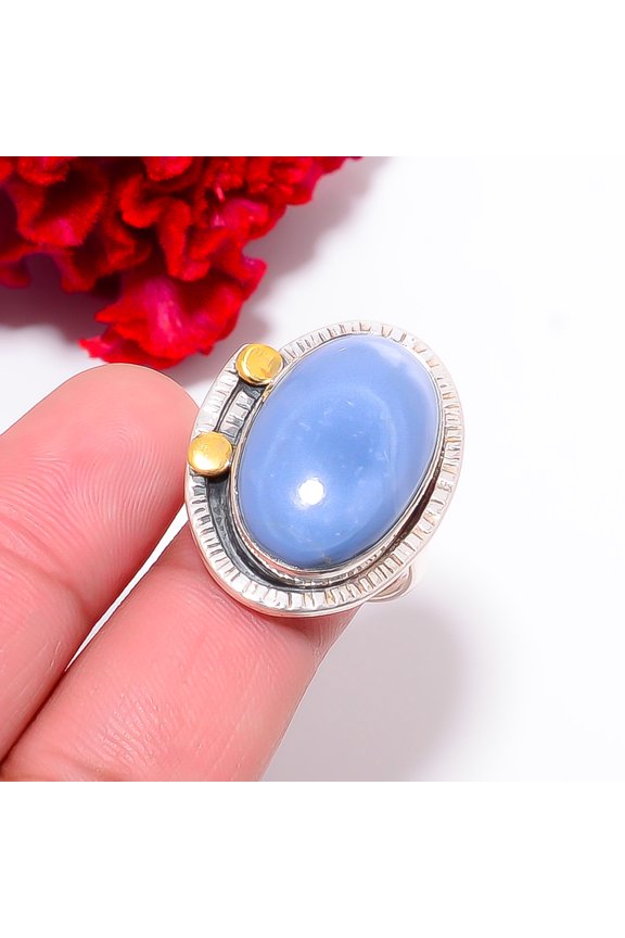 Blue Opal - Owyhee Two Tone Designer 925 Sterling Silver Ring S.9 R9822, Christmas Gift