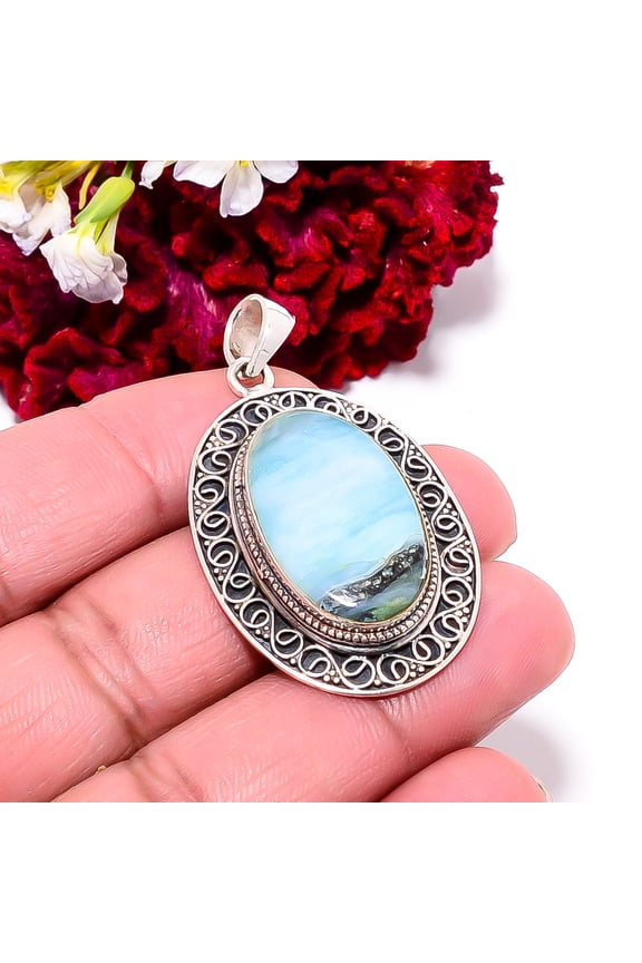 Blue Opal - Peru Designer Handmade 925 Sterling Silver Pendant 1.91" P99521, Christmas Gift