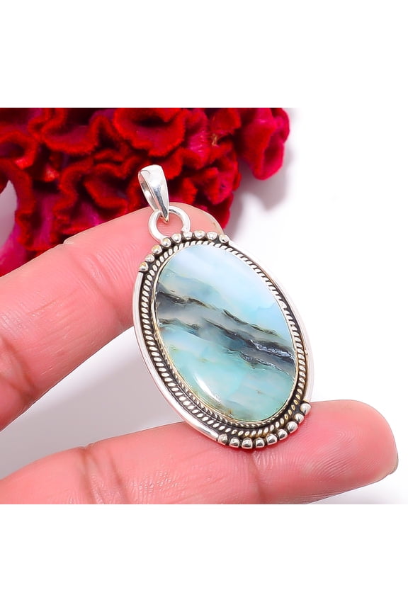 Blue Opal - Peru Designer Handmade 925 Sterling Silver Pendant 2.03" P96642, Christmas Gift